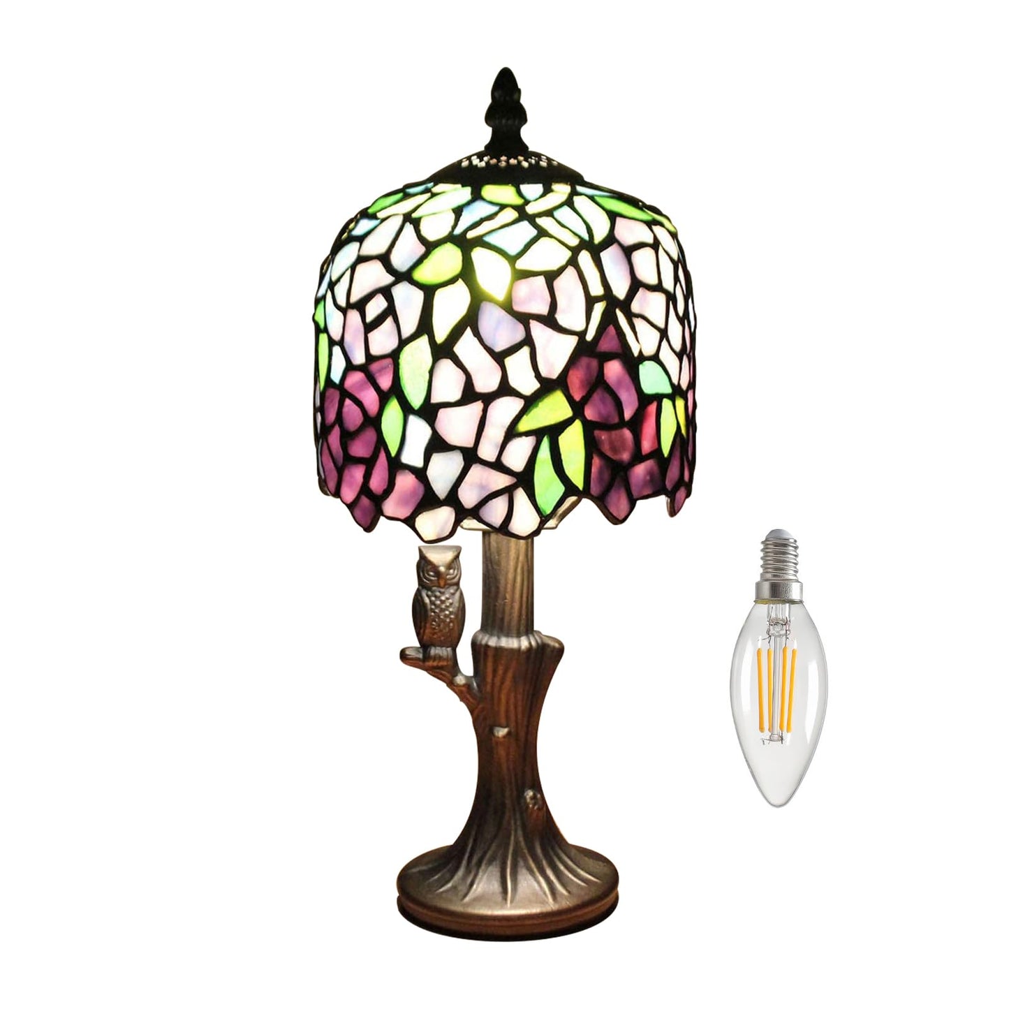 Kinbolas Tiffany Style Small Table Lamp, Vintage Lamp with Stained Glass Lampshades Wisteria and Owl Base, Art Nouveau Art Deco Nightstand Lamp for Bedroom, Country House 20cm / 8 inch with E14 LED Bulb (I-2)