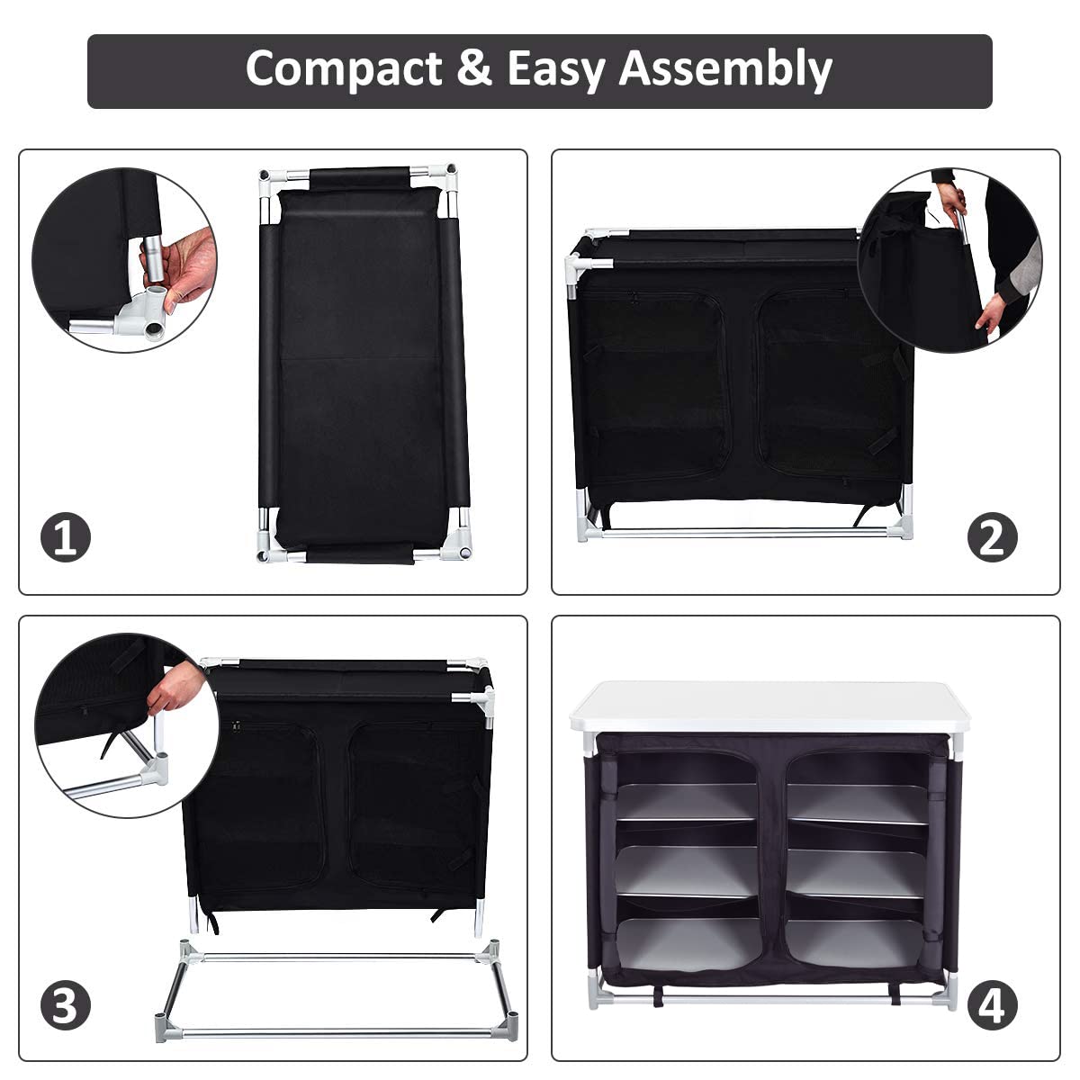 Warmiehomy Camping Kitchen Cabinet Foldable, Portable Camping Cabinet with Aluminum Frame & 1 Double Compartment, Mobile Outdoor Camping Kitchen Table for Picnic, Travel, Beach, Black, 100×50×80 cm
