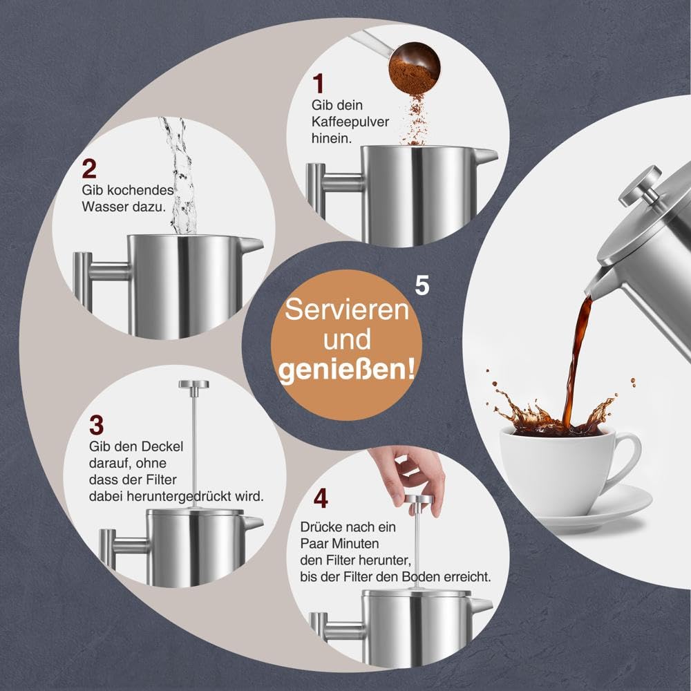 From the VonShef Stainless Steel French Press for 6 cups, 800ml - Double-walled coffee maker with measuring spoon/bag sealer, dishwasher-safe French Press thermos with plunger.