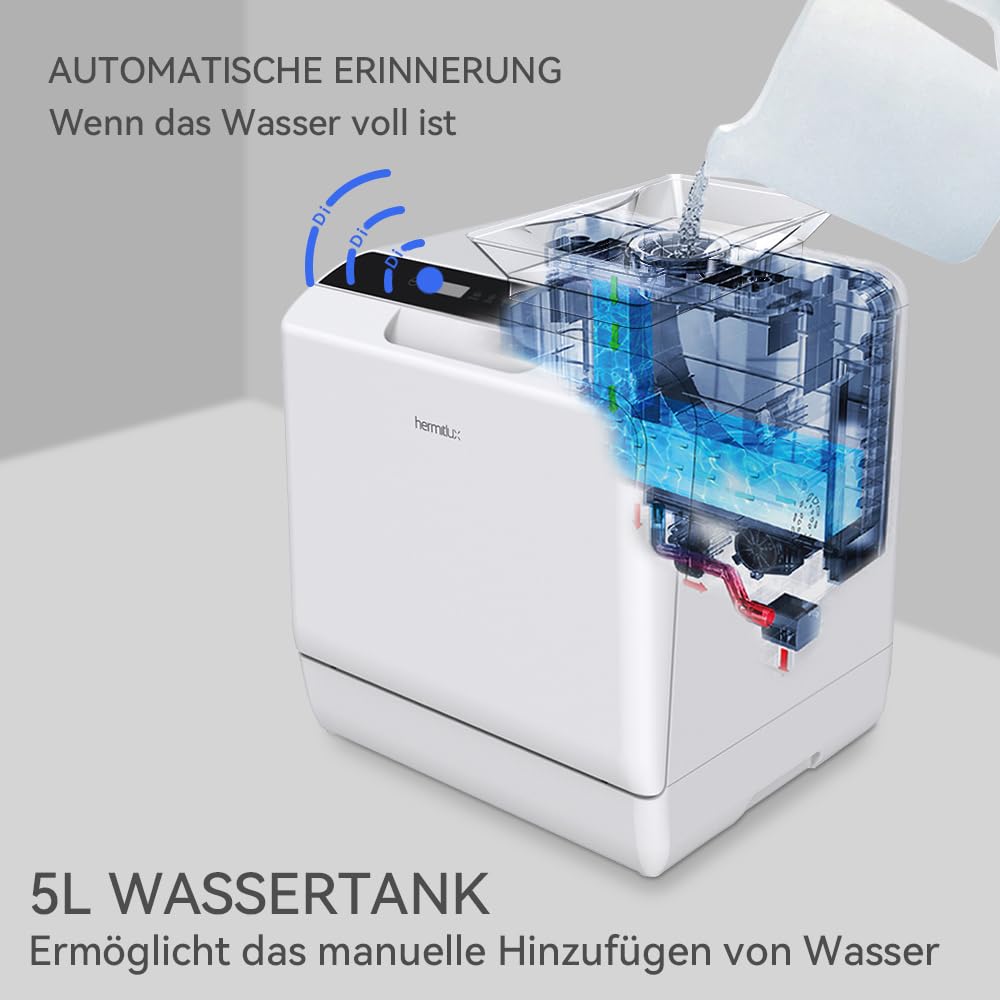 Hermitlux table dishwasher, mini dishwasher can be used with or without water connection, 43 cm wide, space for 4 place settings, suitable for camping, 175 kWh/year, white