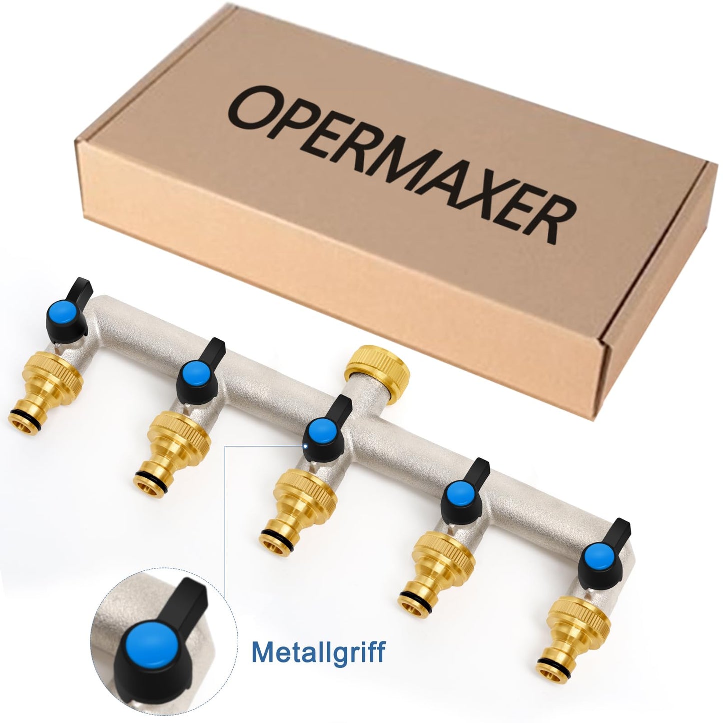 5-way water tap water distributor made of brass for 5 devices/garden hoses, 5-way distributor 3/4" adapter 1/2" with ball valve for adjusting and shutting off water flow.