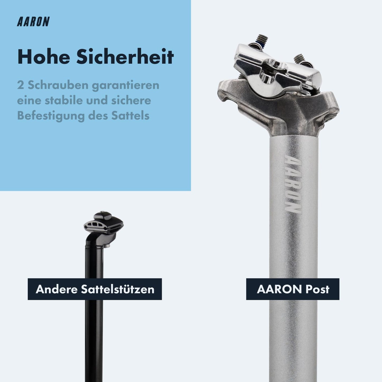 AARON Post seatpost with 30.9 mm diameter, aluminum seat tube with 350 mm length, suitable for city bikes, trekking bikes, touring bikes, and mountain bikes with scale in silver.