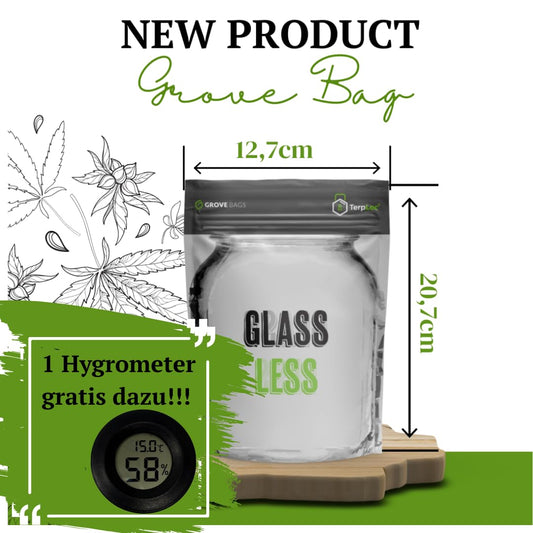 10 pieces for 15g Glassless Terploc Grove Bags incl.1 Hygrometer Heat-sealed and zip bags Moisture control Weed Humidor Bags with relative humidity between 58 and 62% (10, 15 grams)