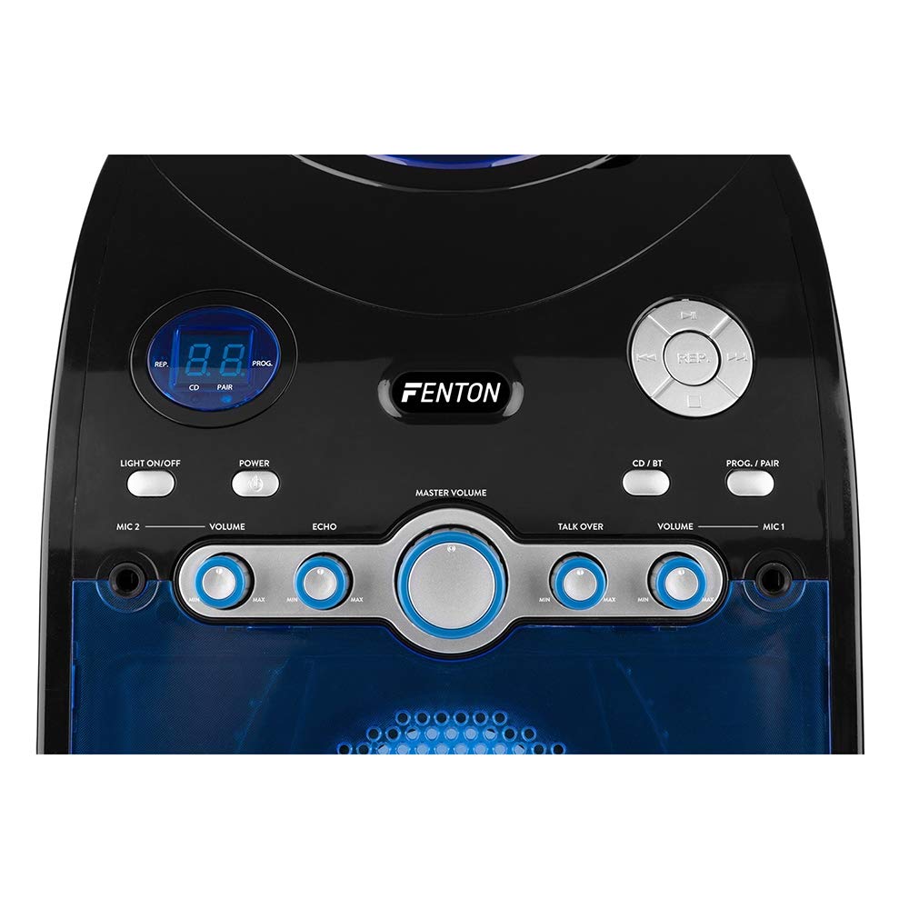 Fenton SBS20B Karaoke system with 2 microphones, CD PLUS G-player, kids karaoke machine with Bluetooth and built-in speaker, LED lighting, AV OUT, radio for kids - Black.