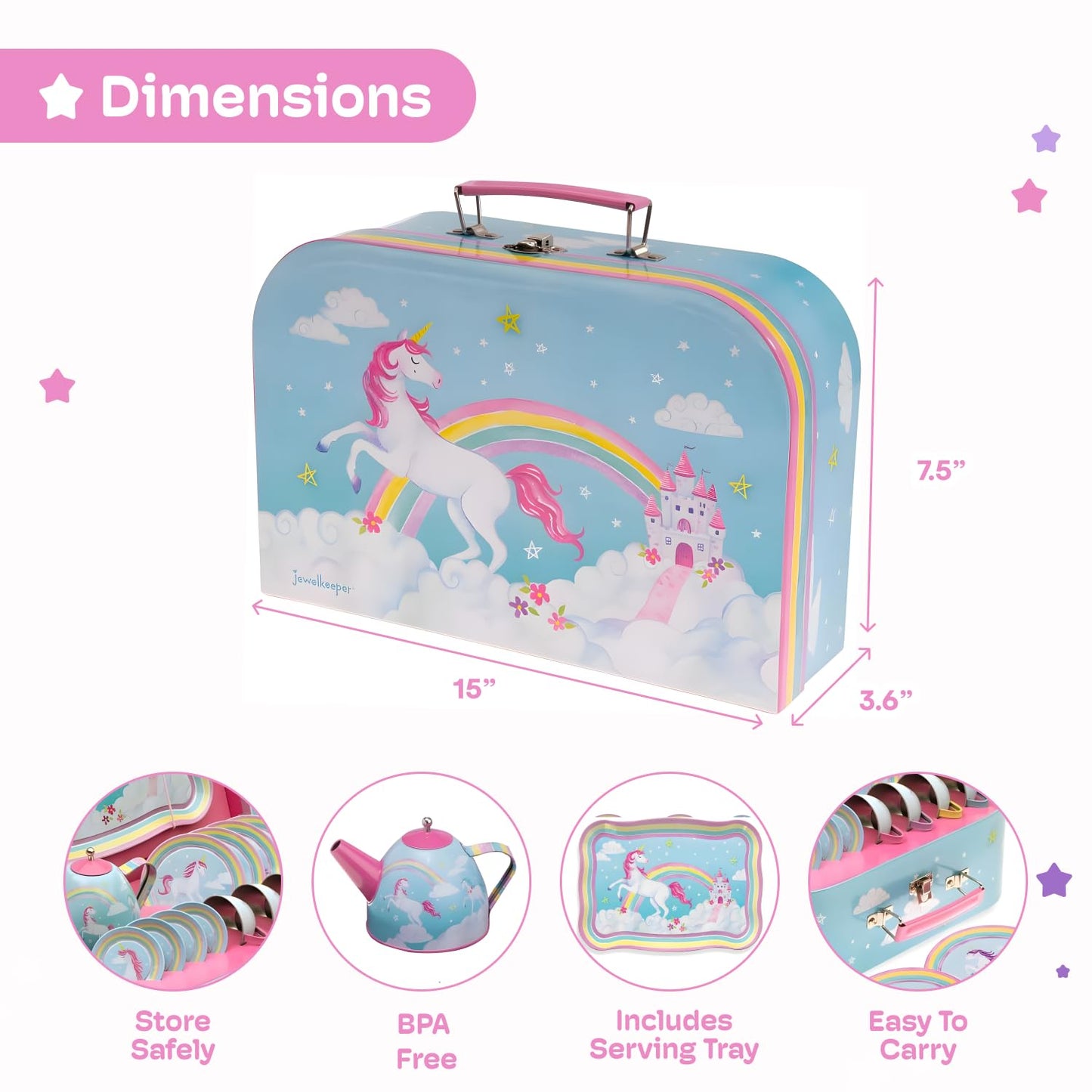 Jewelkeeper - Children's Tin Tea Set & Carry Case, Kids Pretend Play Kitchen Toy Dishes, 15-Pieces - Rainbow Unicorn Design