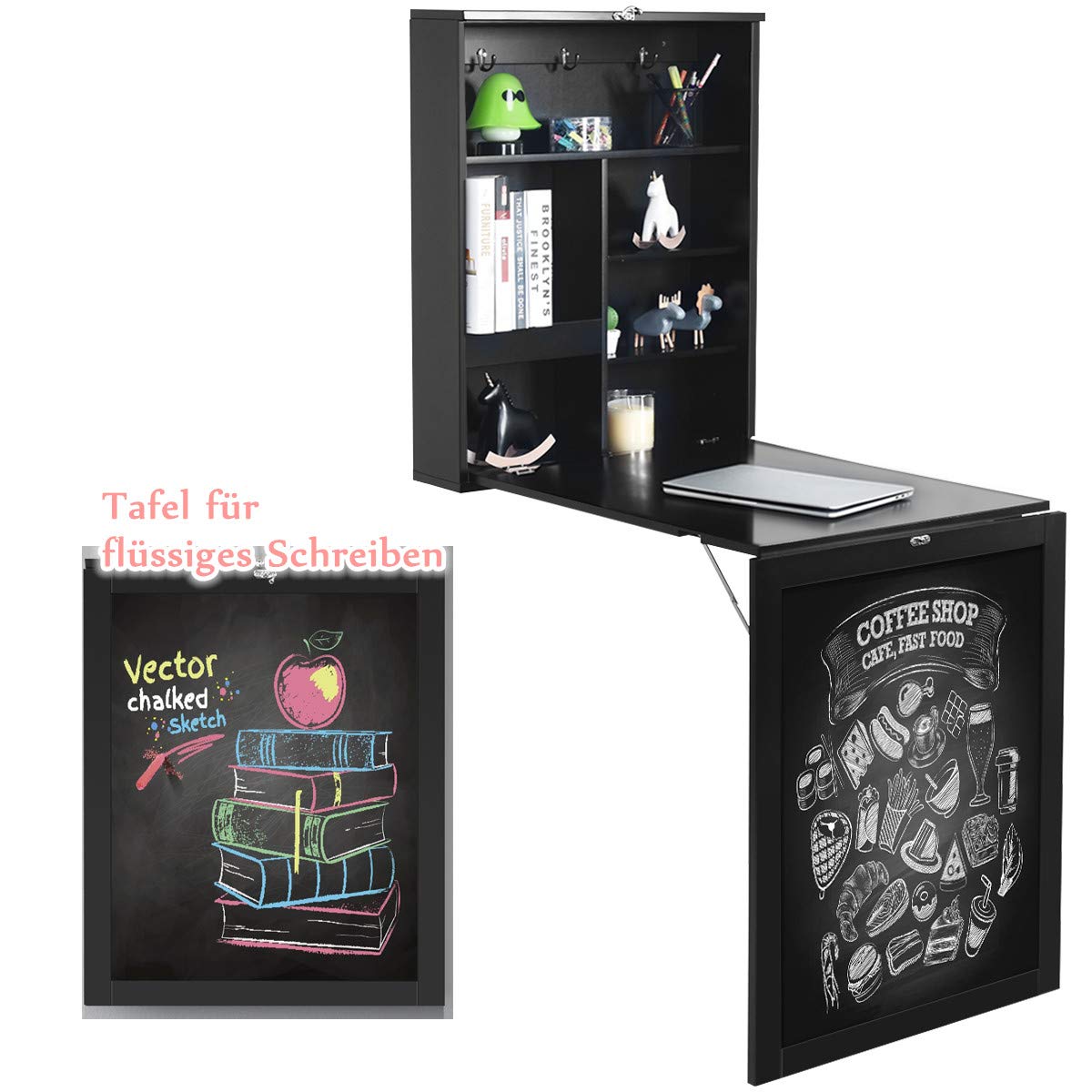 RELAX4LIFE Wall-Mounted Folding Table, Foldable Desk with Chalkboard & 6 Compartments, Multifunctional Fold-down Table, Wooden Wall-Mounted Table, Dining Table, Desk for Dining Room & Living Room & Kitchen (Black)