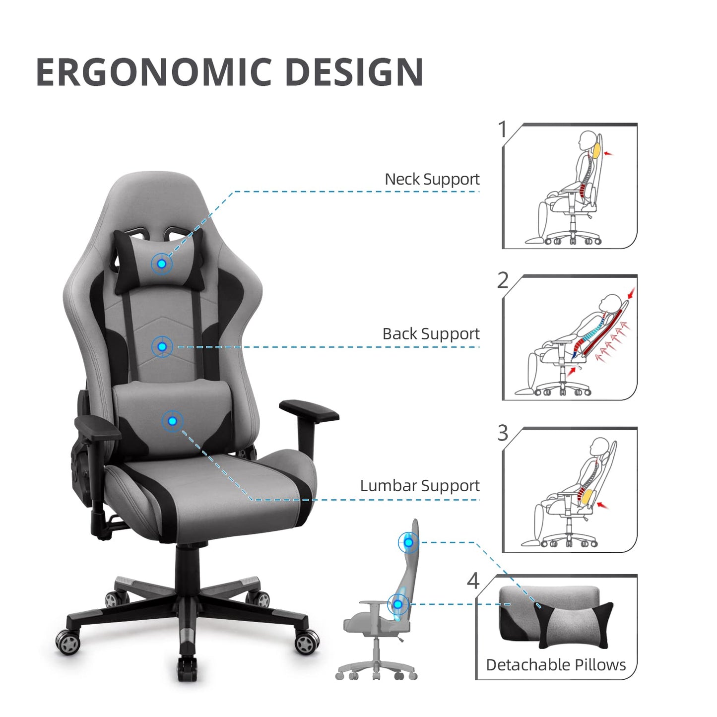 IntimaTe WM Heart Gaming Chair, Ergonomic Fabric Gamer Chair, Racing Office Chair with Adjustable Armrests, Computer Chair with Lumbar Pillow, Padded, Swivel Chair Rocking Function Gray