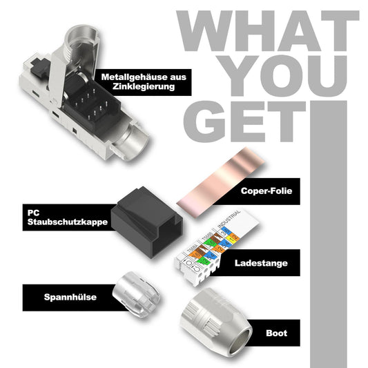 LEENUE network plug cat7 tool-less, Gold-plated RJ45 plug Tool-less POE for Cat7 Cat6A solid cables, tool-less lan plug cat 7 10 Gbit/s 600 MHz, Shielded, Reusable, 4 pieces