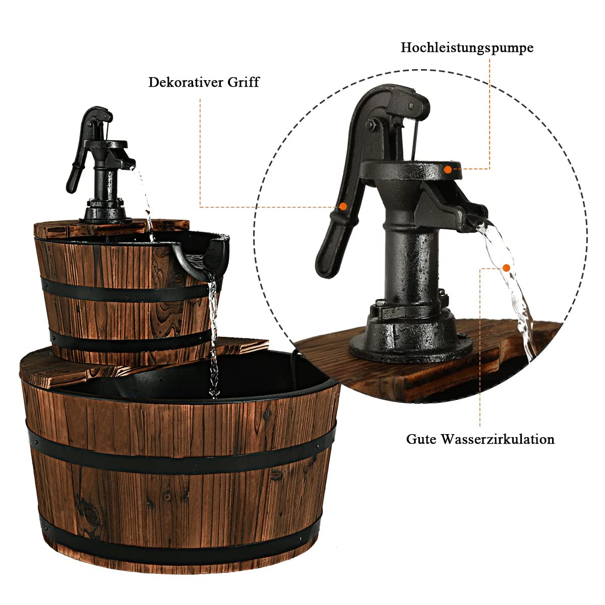 COSTWAY Wooden Fountain, Garden Fountain with Pump, Wood Barrel Ornamental Fountain, for Garden Lawn Terrace Backyard, Fountain Garden Decoration, Brown, Ø 44.5 x 61 cm