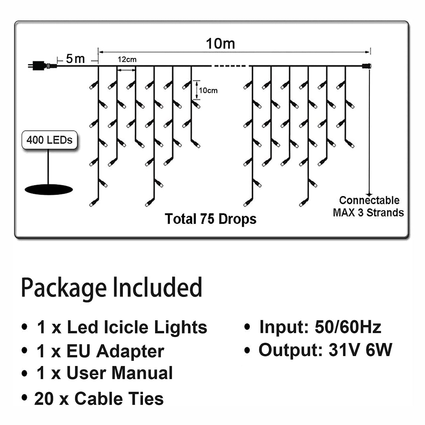 Nurkoo LED Meteor Shower Lights, 10m 400 LEDs for indoor and outdoor use, GS certified, IP44, 8 modes with memory function remote control timer for room, eaves, Christmas, stairs, railing.