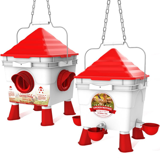 INNOLAND Chicken Feeder and Drinker Set, 6kg/8.5L | Automatic water supply and chicken feeder for poultry with 4 openings/4 bowls, adjustable legs, and steel chains