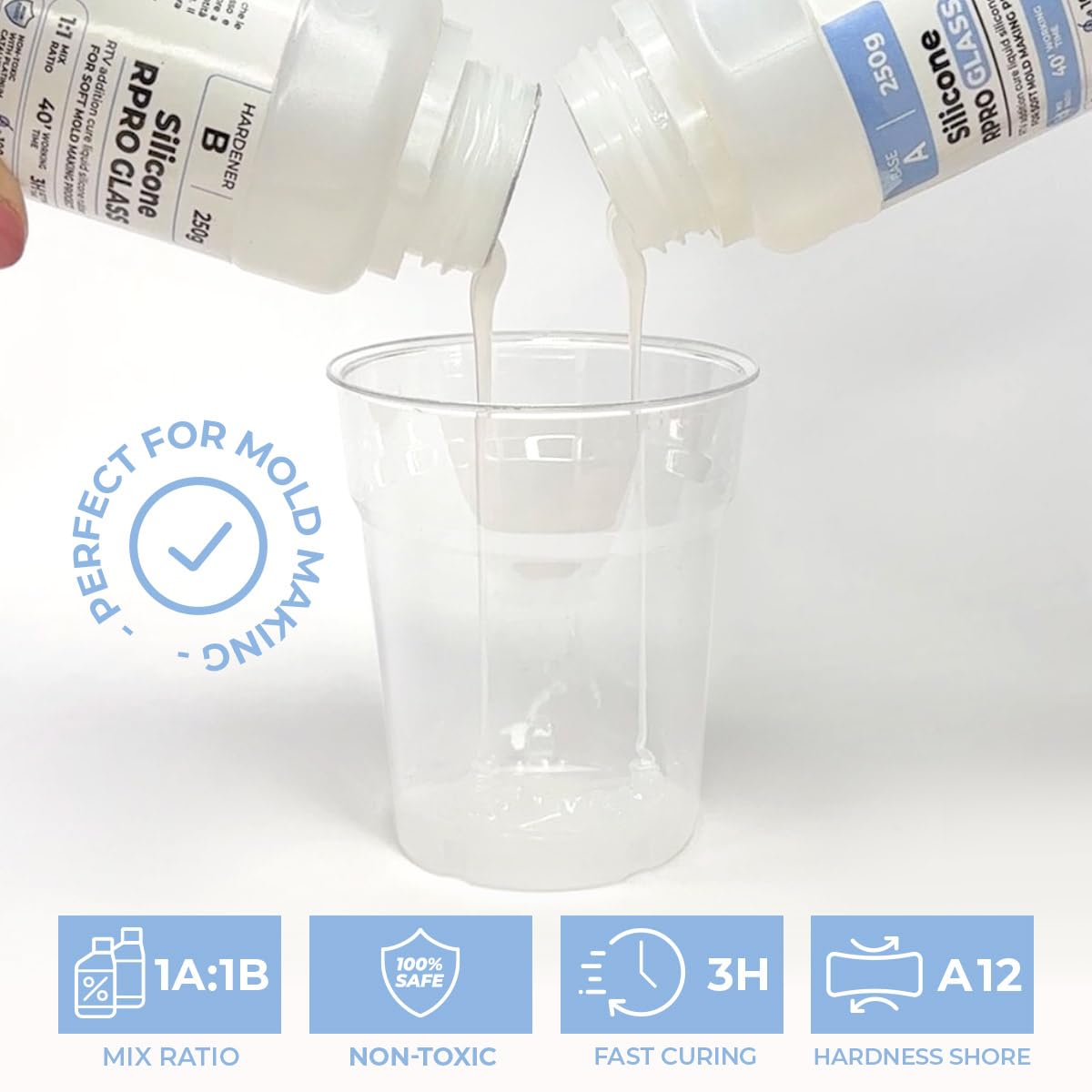 Liquid silicone rubber 1:1 R PRO GLASS, soft molding silicone, non-toxic and safe duplicating silicone for making silicone molds. Ideal for DIY resin molds, silicone molds. (1 kg)