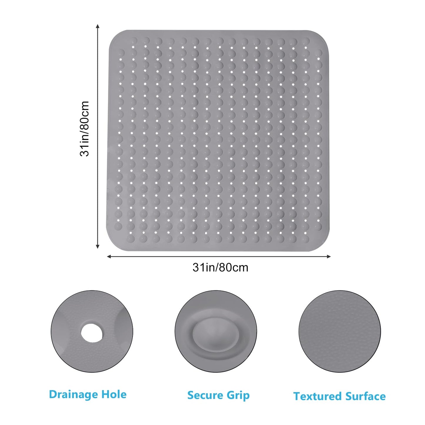 Non-slip shower mat 80x80, non-slip shower mat with suction cups, anti-slip shower mat, PVC shower mat non-slip (gray)