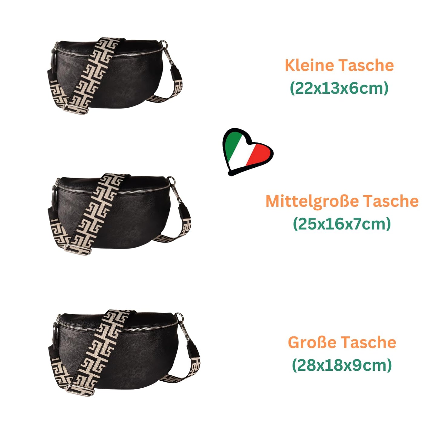 MIRROSI® Waist Bag for women, genuine leather, Made in Italy, shoulder bag, chest bag, crossbody bag (1 bag & 2 straps) (Black (NN Black Beige), Small bag (22x13x6cm))