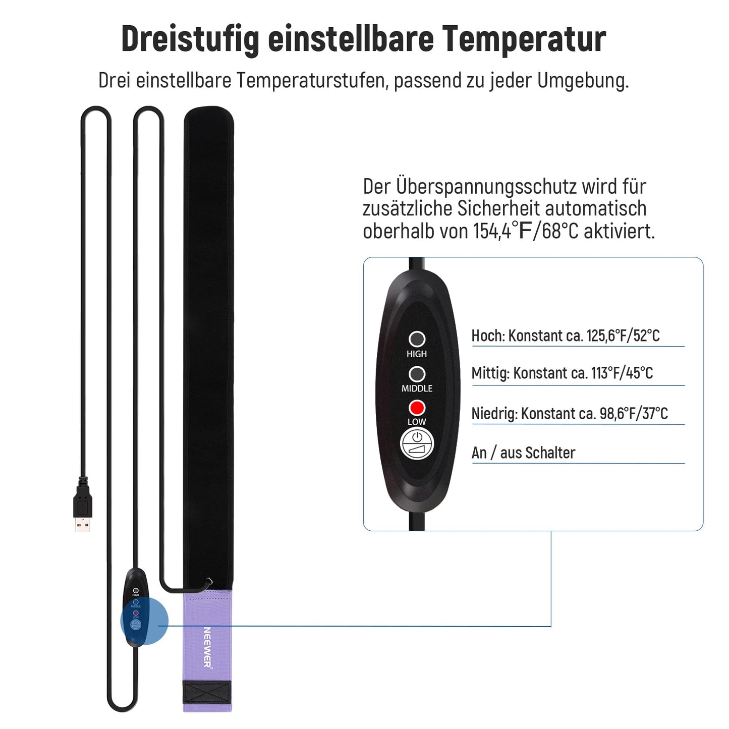 NEEWER USB 500mm lens heater with FPC, fast, even heating technology for DSLR camera lens telescope astrophotography, 3 temperature levels, prevents overvoltage/dew/mist/condensation, HW-30