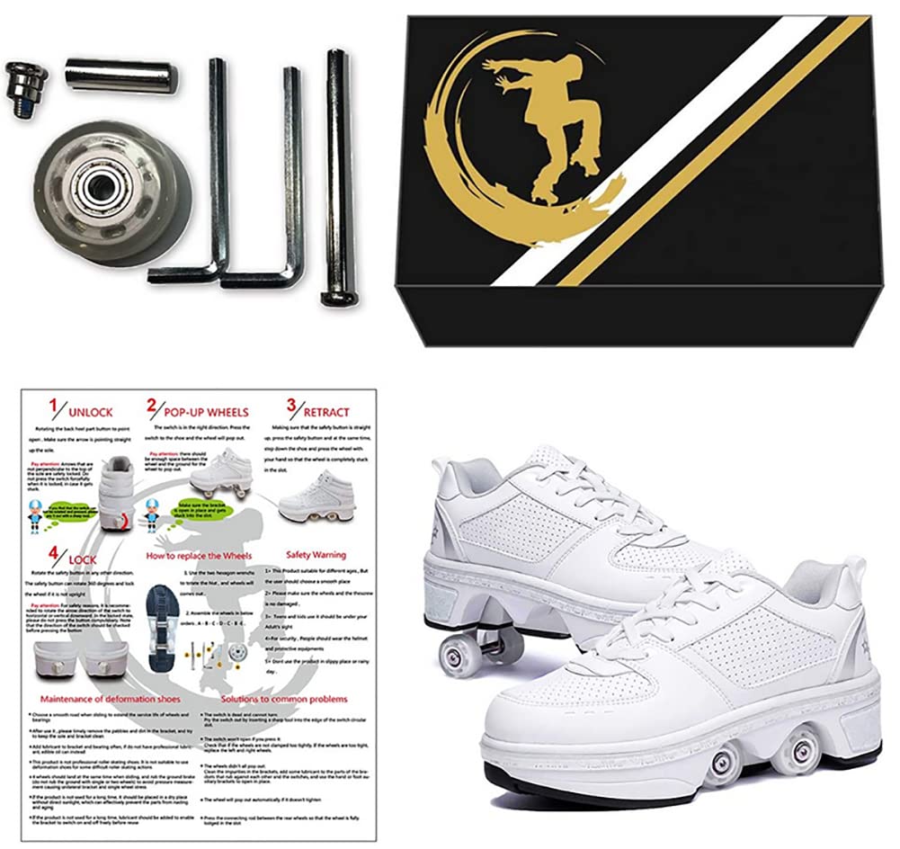 Shoes with wheels, roller skates, skateboard shoes, children's shoes with wheels, skate shoes, roller shoes, sports shoes, running shoes, sneakers with wheels for girls and women, white silver, size 39 EU.