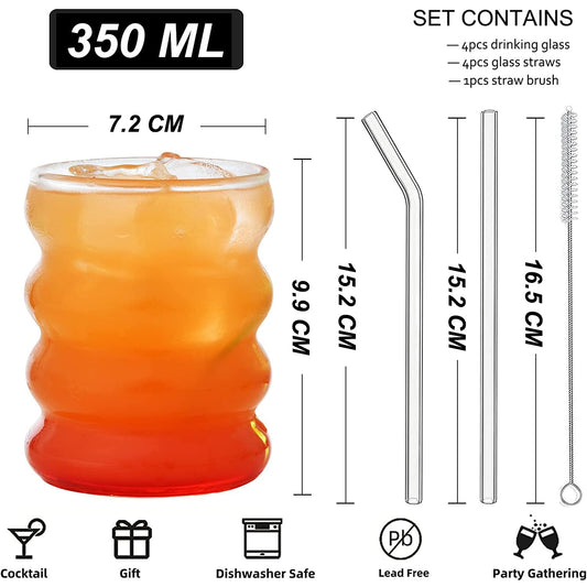 ALINK Ribbed Drinking Glasses with Glass Straws 4-Piece Set, 350ml Iced Coffee Glasses, Wave Glass Tumblers, Water Glasses, Long Drink Glasses, for Cocktails, Water, Soda, Gift with Brush.