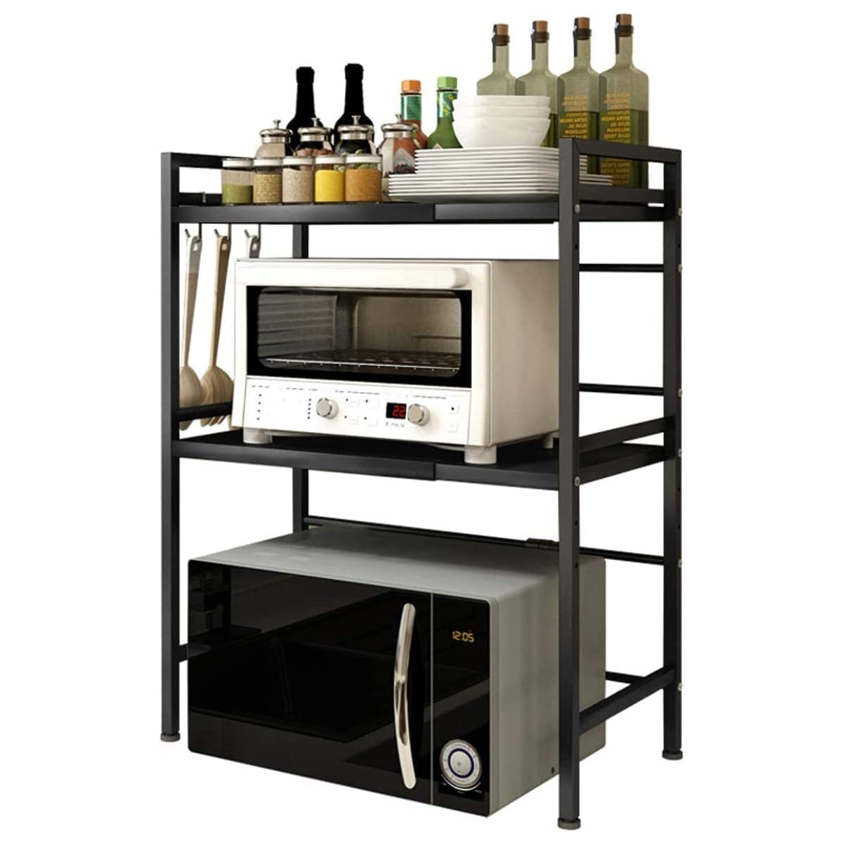 Pull-Out Microwave Shelf, Kitchen Shelf Holder, Microwave, Extendable, with 3 Levels, Made of Carbon Steel, with 3 Hooks (3 Levels, Black)