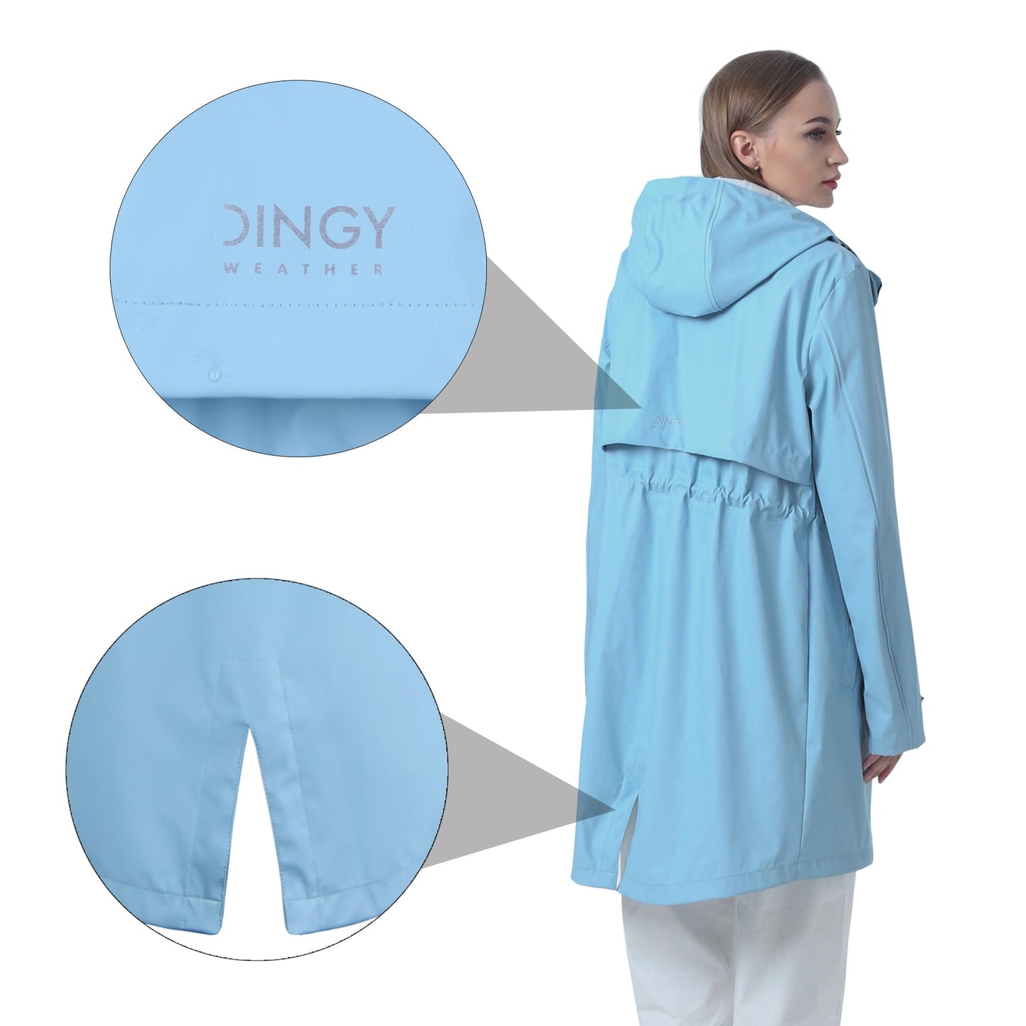 Women's waterproof raincoat, breathable rain jacket, long windbreaker, lightweight transitional jacket, Friesian summer coat, blue, size 38.