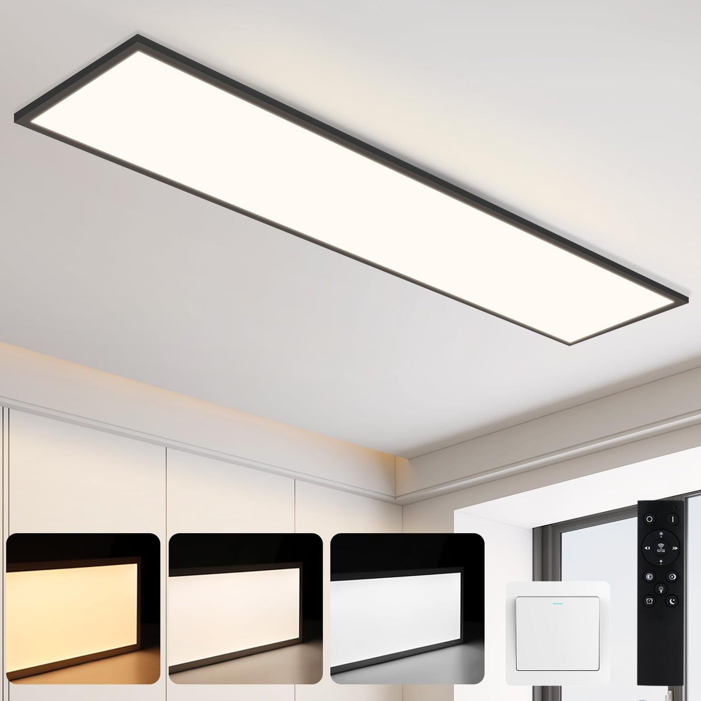 CBJKTX LED panel black ceiling light dimmable - ceiling lamp 120x30CM long with remote control 48W kitchen lamp flat office lamp modern ceiling panel daylight lamp rectangular for kitchen living room office