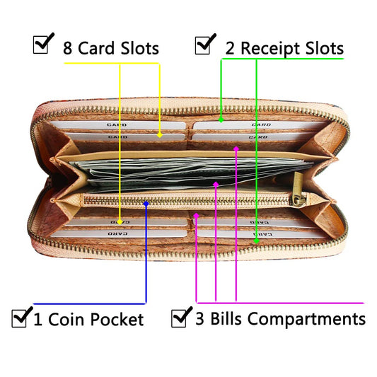 Boshiho Cork Vegan Wallet Women Purse Large Capacity Long Cork Wallet with Zipper Smartphone Clutch with Card Holder Coin Pocket Vegan Gift
