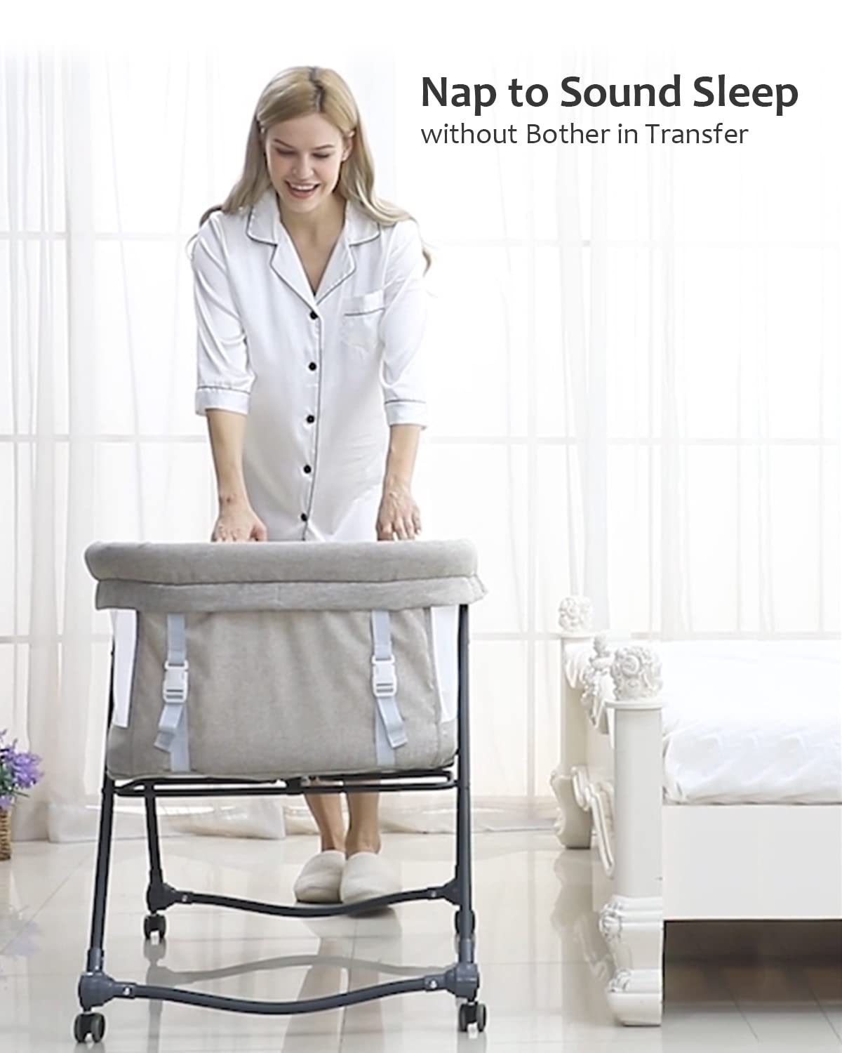 UBRAVOO Foldable bedside baby cot, grab-and-go baby bed with mattress, wheels, travel bag, mosquito net, children's travel cot, kids bed, additional bed for newborns, Bravo Pro, Gray.