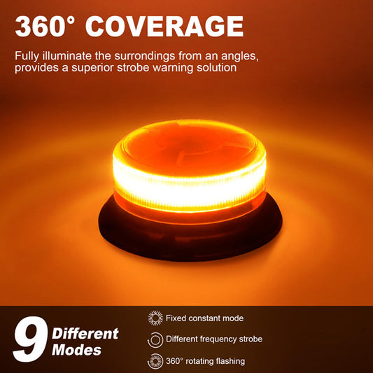 AnTom LED warning light with rechargeable battery, 9 flash patterns, 12V/24V, yellow, magnetic mount, includes car charger and USB cable, for cars, trucks, tractors, golf carts, and SUVs.