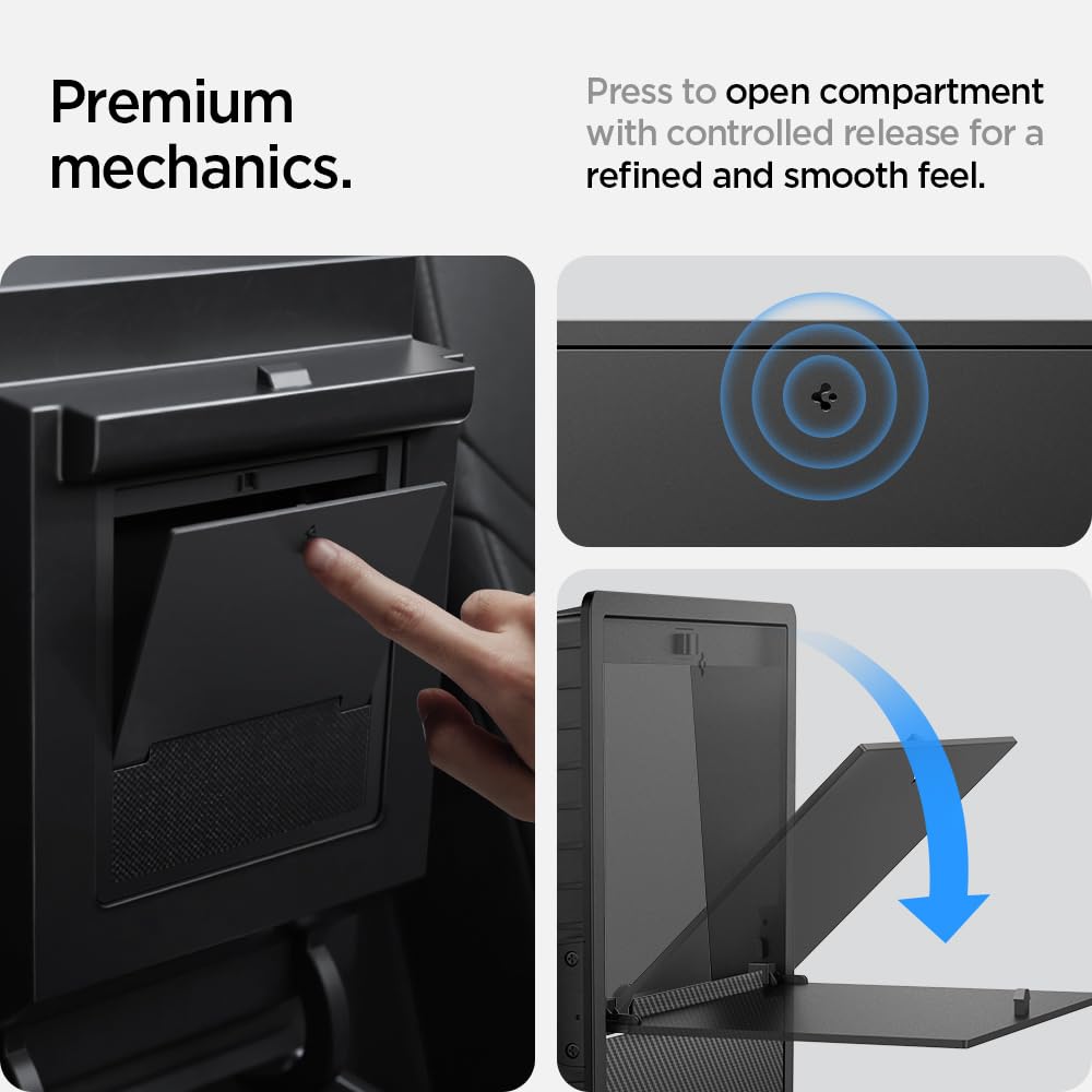 Spigen Tesla Model Y (~2024) and Model 3 (2021-2023) One-Touch Hidden Storage Box (Carbon Edition) Designed for Tesla Model Y and 3 center console organizer armrest.