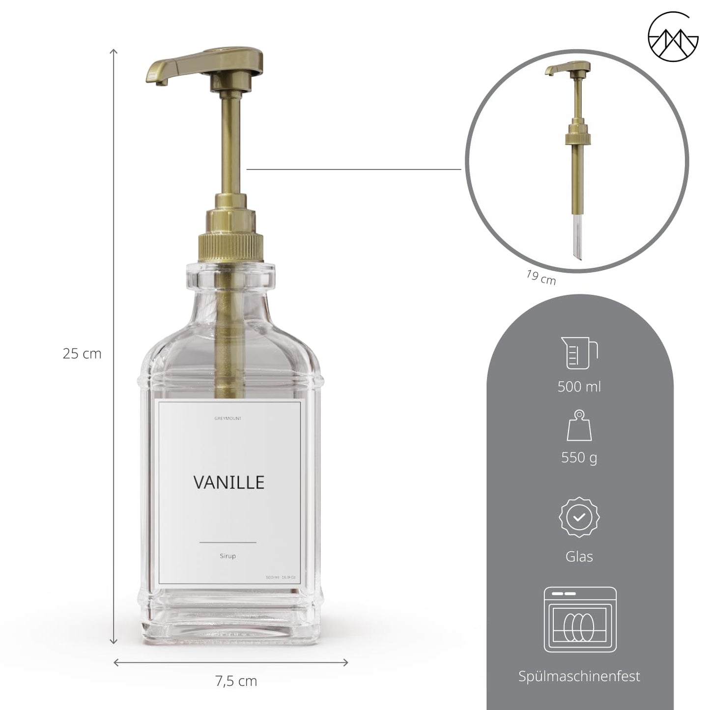 GREYMOUNT ® Syrup Dispenser Set - 2 Pack 500ml pump dispensers for syrup made of glass with gold dosing pumps for coffee, cocktails, and more | Leak-proof and drip-free | Includes 24 labels and funnel.