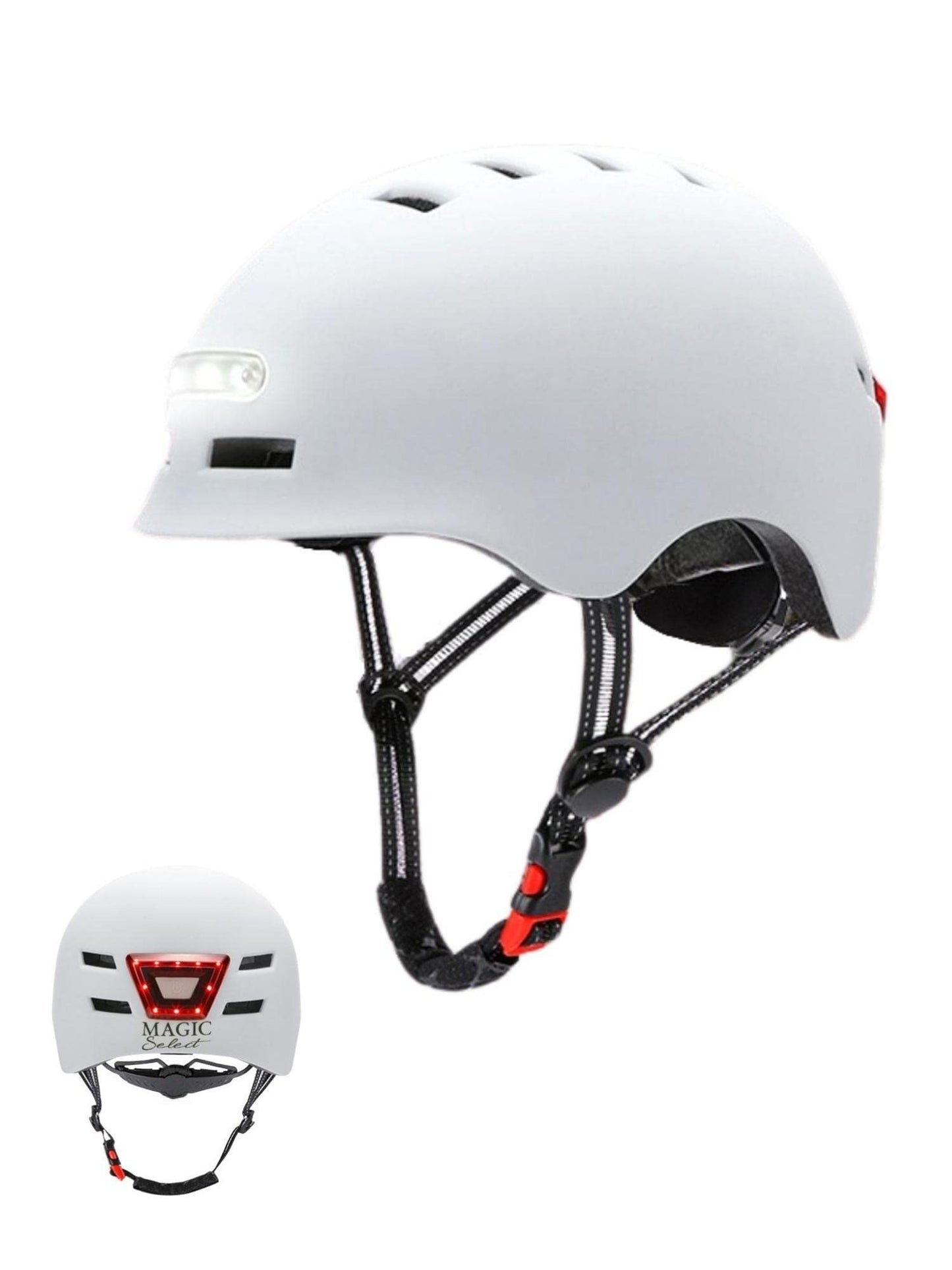 Bike helmet with red rear light + LED white front light. Electric scooter helmet, skate. Helmet for adults, lightweight with removable lining. PC + EPS shell, 14 ventilation openings and USB charging cable.