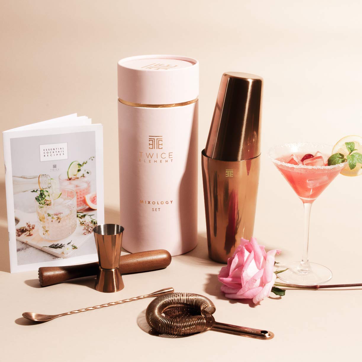 Twice Element® Cocktail Shaker Set - Stainless Steel Boston Shaker | Abundant accessories for easy handling | Bonus recipe book, elegant gift box & storage pouch (Pink)
