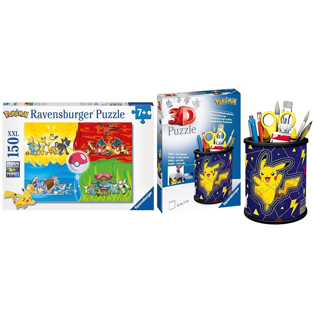 Ravensburger children's puzzle 10035 - Pokémon Types - 150 pieces XXL Pokémon puzzle & 3D puzzle 11257 - Utensilo Pokémon Pikachu - 54 pieces