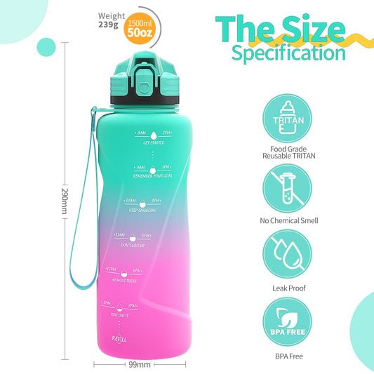 Coolfel sports water bottle with sizes of 2L, 1.5L, 1L, 700ml, and 500ml. Leak-proof, motivational water bottle with time markings. BPA-free Tritan bottle for girls, boys, school, gym.