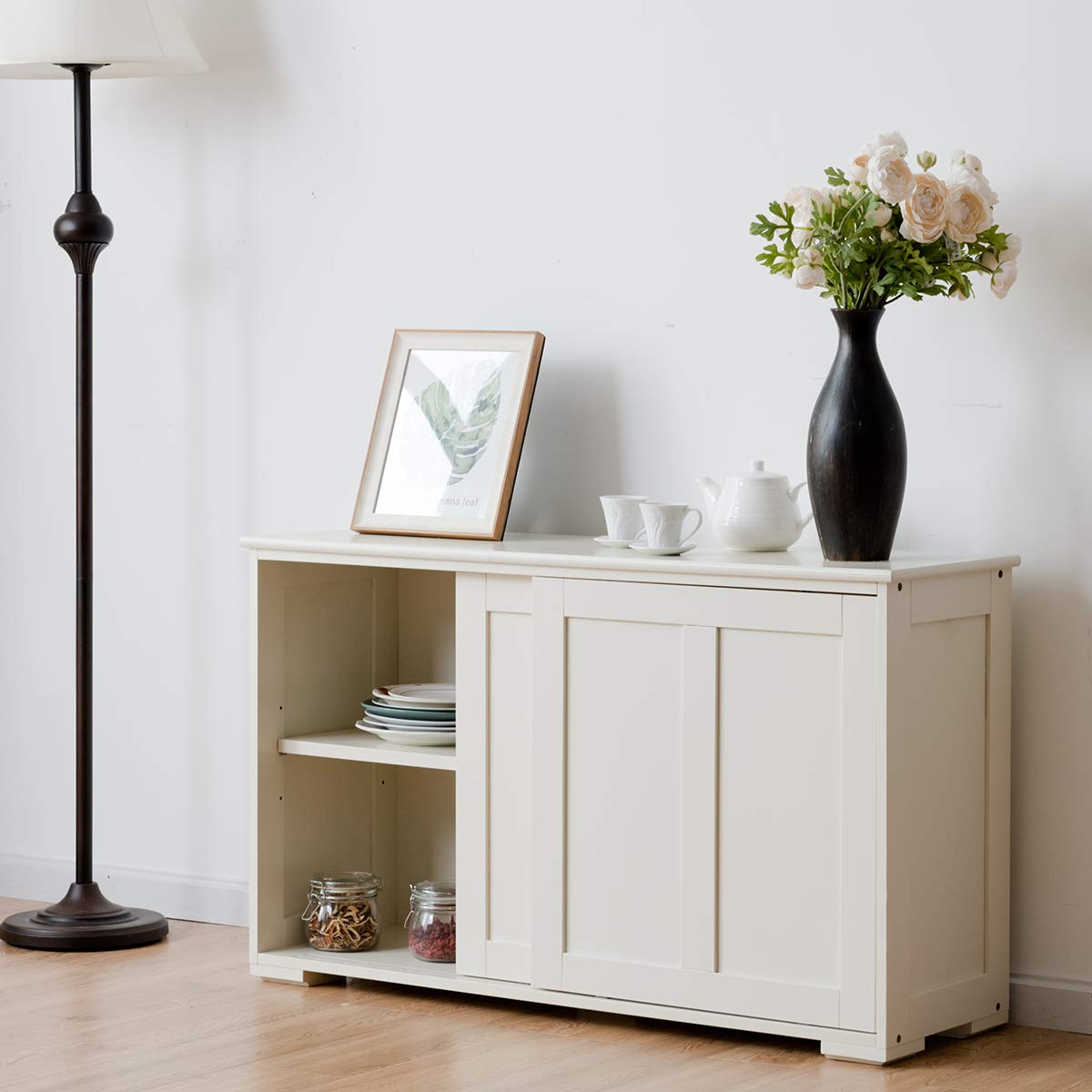 COSTWAY sideboard, kitchen cabinet with sliding doors & adjustable shelves, buffet cabinet storage cabinet, serving cabinet for kitchen, dining room, living room, 107 x 33 x 60 cm, wood, cream white.
