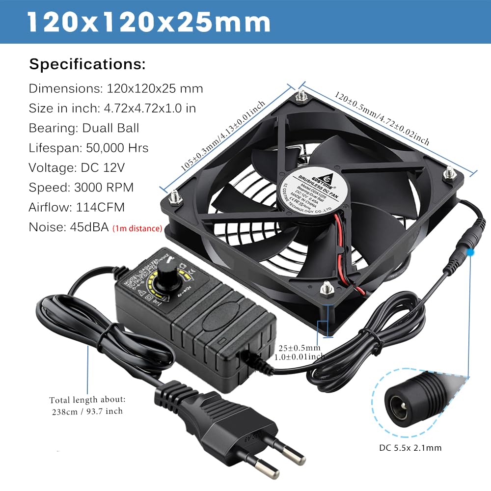 GDSTIME 120mm PC fan 230V 120mm x 25mm Computer fan Dual ball bearings with 4V -12V speed control 3000 RPM 120 x 25 220V PC fan for laptop router cabinet workstation server