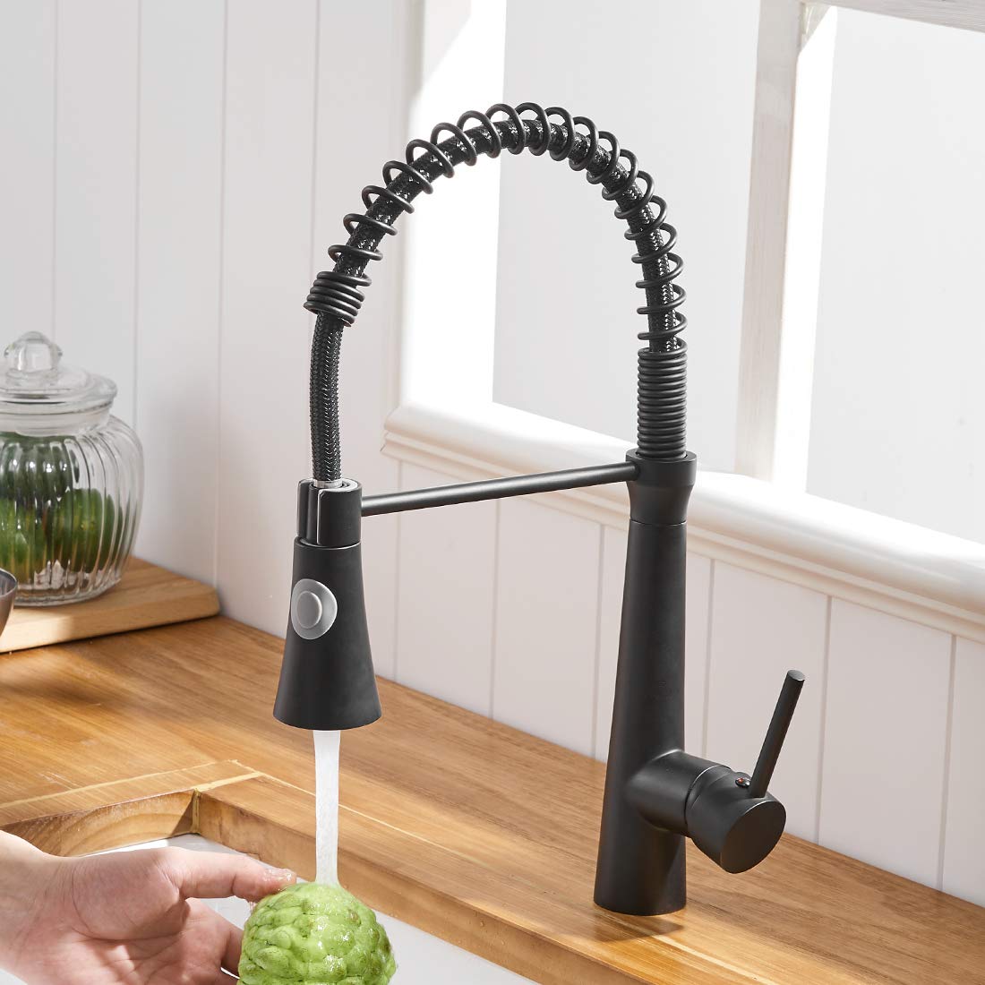 TIMACO black kitchen faucet, high pressure kitchen faucet with pull-out sprayer, sink faucet 360° rotatable mixer tap spiral spring faucet, kitchen faucet with two spray functions, made of copper.