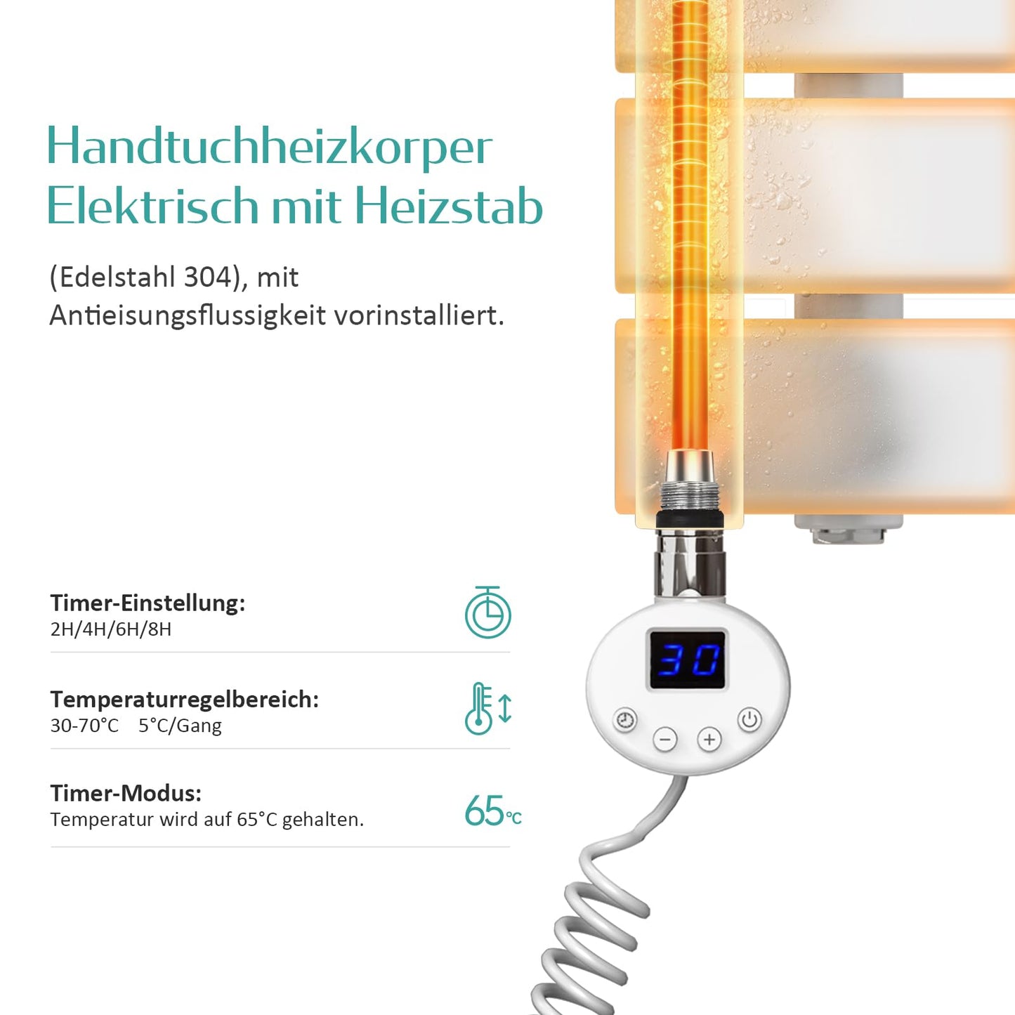 EMKE Electric Towel Warmer Radiator with Thermostat 762x400 mm, Electric Towel Heater with Heating Element White 400W - Ideal for keeping towels warm and dry in the bathroom.