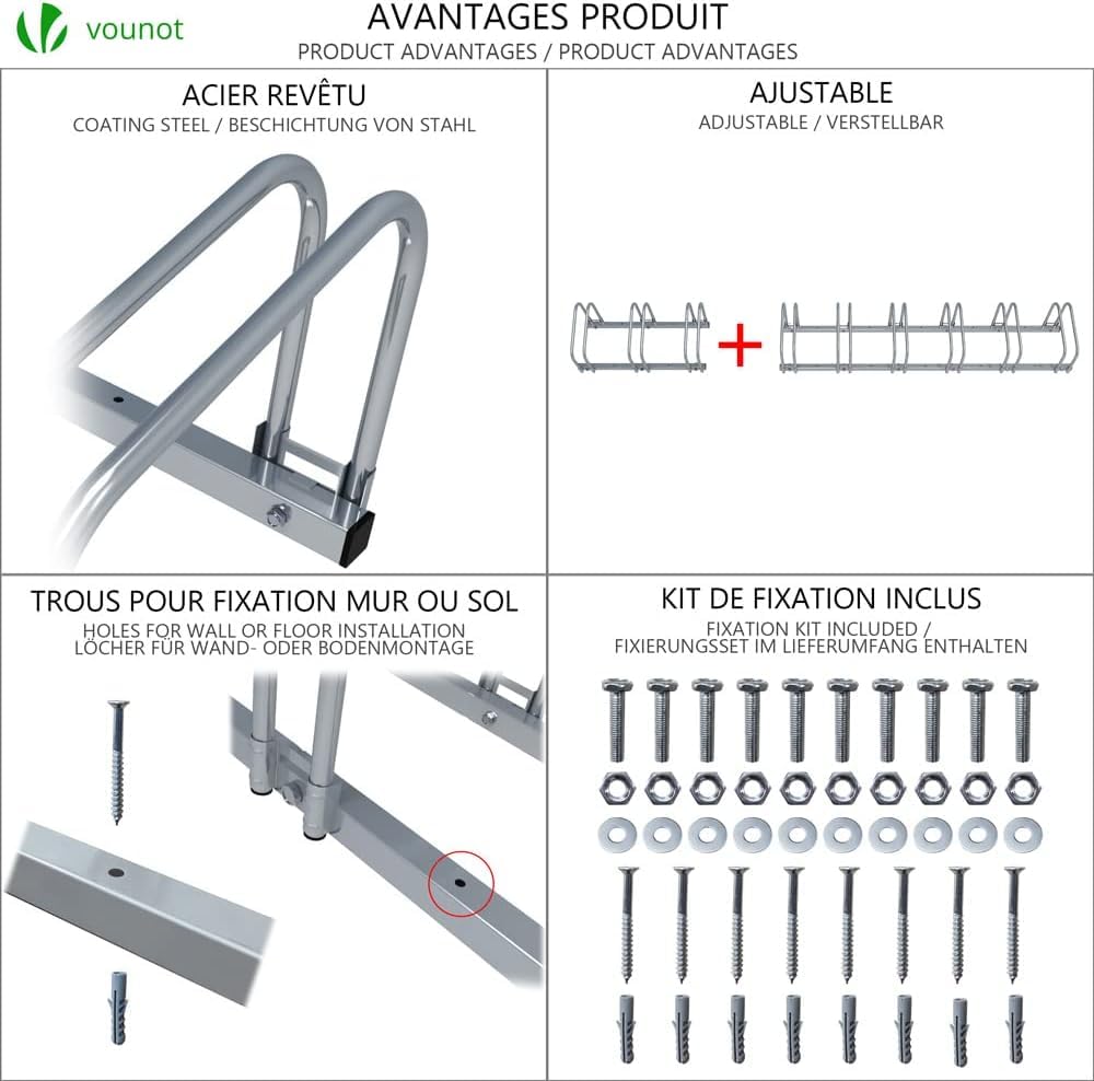 VOUNOT Bike Stand, for 5 bikes, floor and wall mount, multiple standing rack, Silver