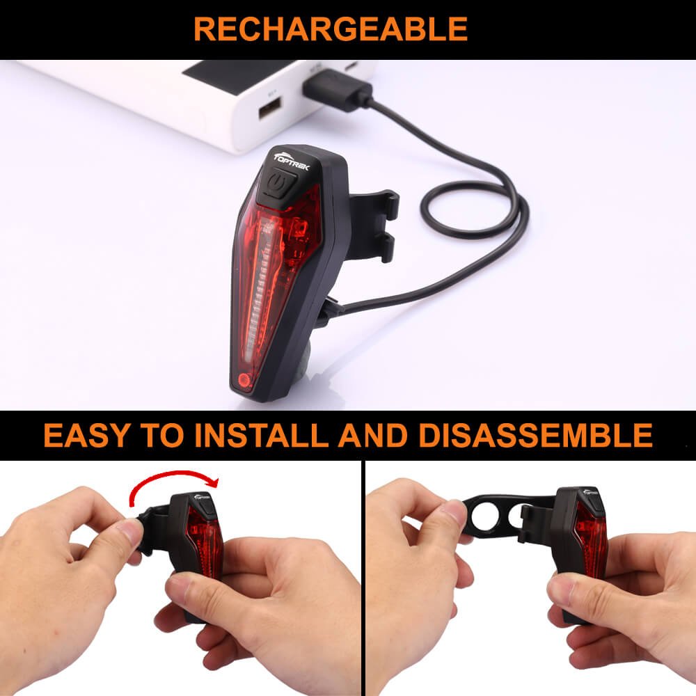 Toptrek Rear Bike Light CREE LED Bicycle Light Taillights USB Rechargeable Battery Waterproof IPX4 for Road Bike MTB (Black)