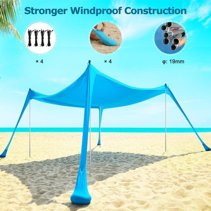 The COMMOUDS sun shade 3M x 3M, UPF50+ beach tent with 4 aluminum poles and sandbags for 6-8 people provides portable sun protection. Easy setup for picnics, outdoor fishing.