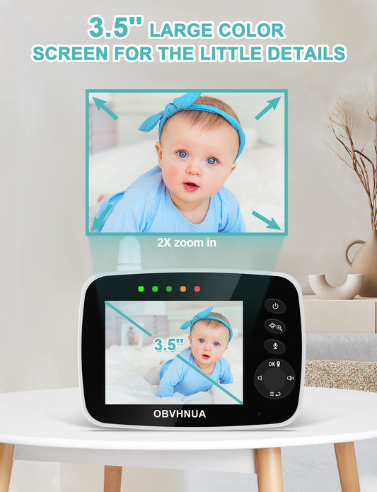 OBVHNUA baby monitor with camera 3.5 inch video baby monitor with LCD screen 355°/120° PTZ ECO mode night vision two-way communication temperature monitoring alarm lullaby