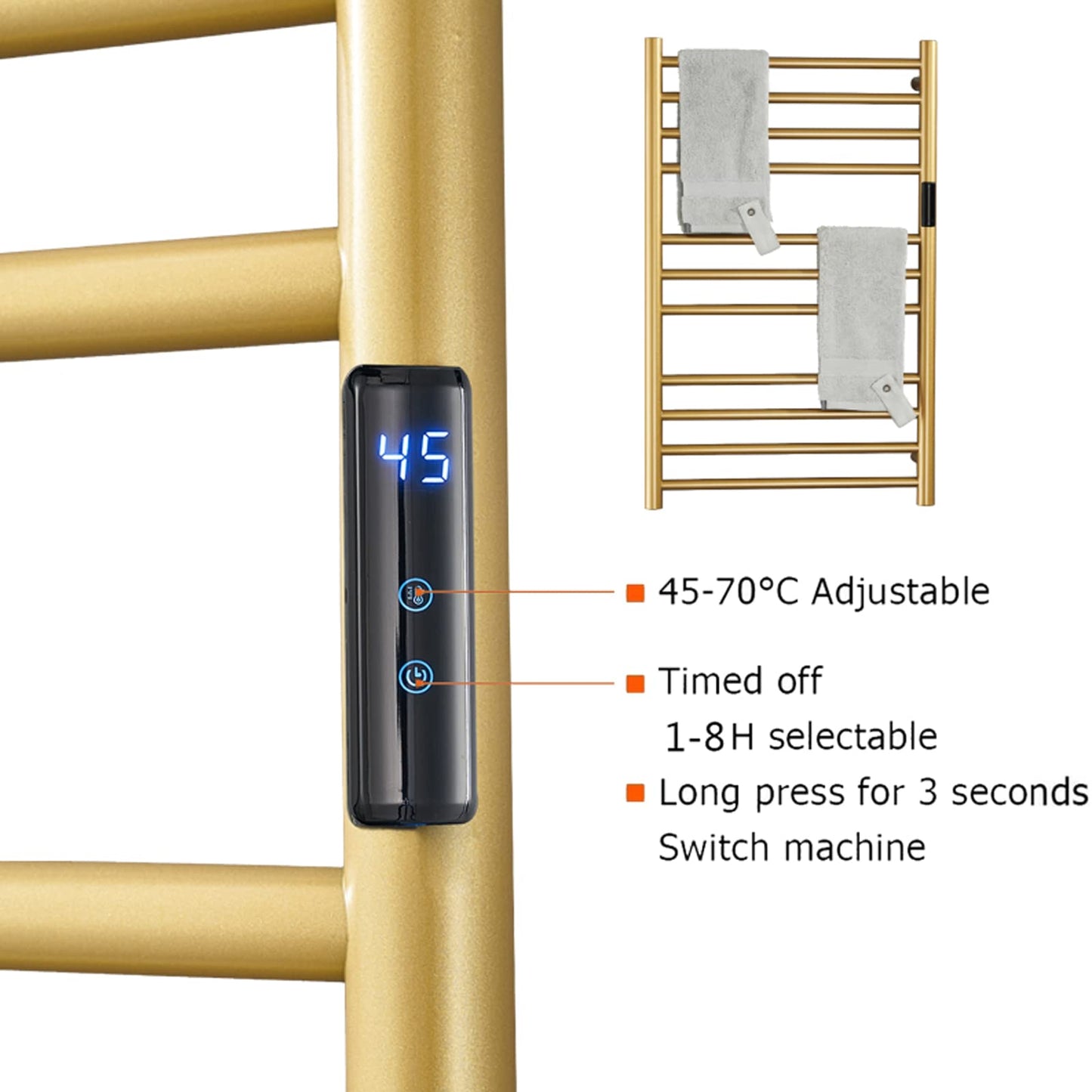 DUDYP Electric Towel Warmer Gold, Freestanding and Wall Mounted Heated Towel Rack Towel Dryer with Timer and LED Display, 11 Bar Plug-in 304 Stainless Steel Towel Heater