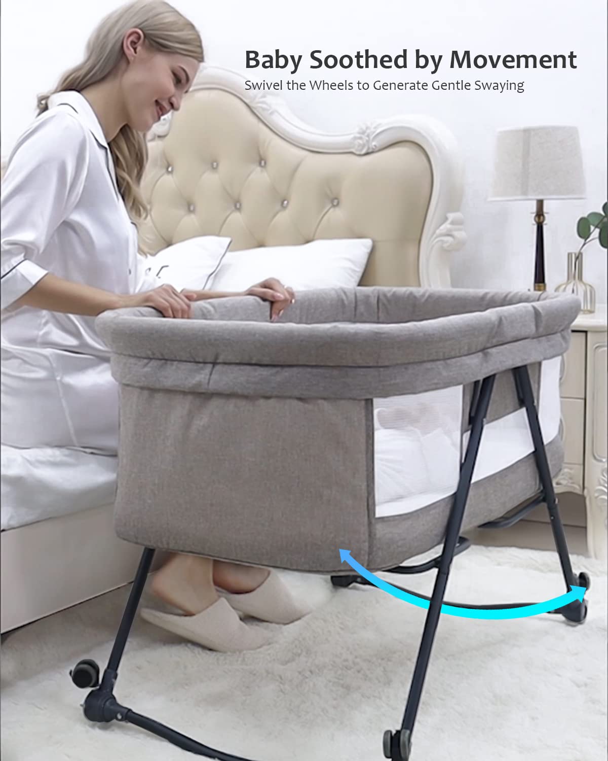 UBRAVOO Foldable bedside baby cot, grab-and-go baby bed with mattress, wheels, travel bag, mosquito net, children's travel cot, kids bed, additional bed for newborns, Bravo Pro, Gray.