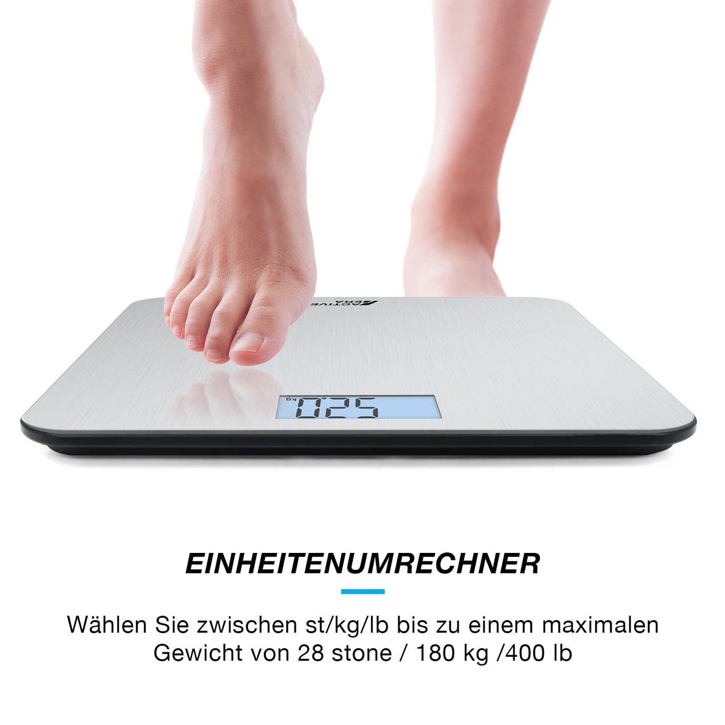 ACTIVE ERA Ultra-Slim Digital Body Weight Scale with precise accuracy and Step-On Technology - Scale made of safety glass and with large LCD display - Steel