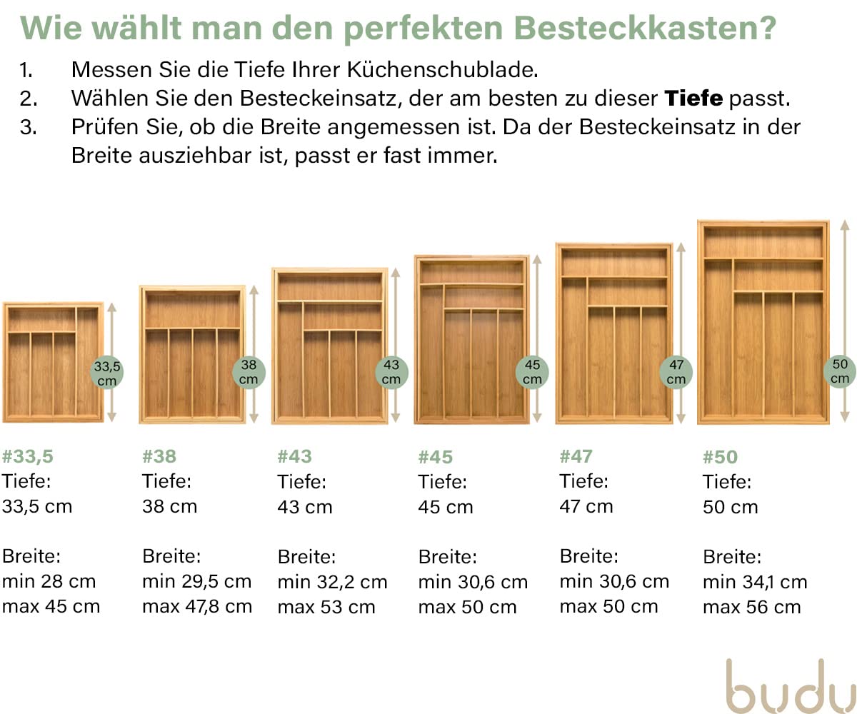 Budu cutlery tray #33.5 (depth 33.5cm) made of bamboo - Drawer organization system for the kitchen - Cutlery tray for drawers made of bamboo - Expandable - Kitchen drawer organizer - Kitchen organizer