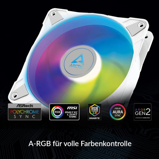 ARCTIC P12 PWM PST A-RGB (3 Pack) - 120mm PWM PST case fan optimized for static pressure, semi-passive operation: 200-2000 rpm (0 rpm <5%), 5V 3 pin ARGB LED - White.