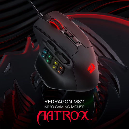 Redragon M811 Aatrox MMO Gaming Mouse, 15 programmable buttons wired RGB mouse with ergonomic grip, 10 side macro keys, software support & backlighting.