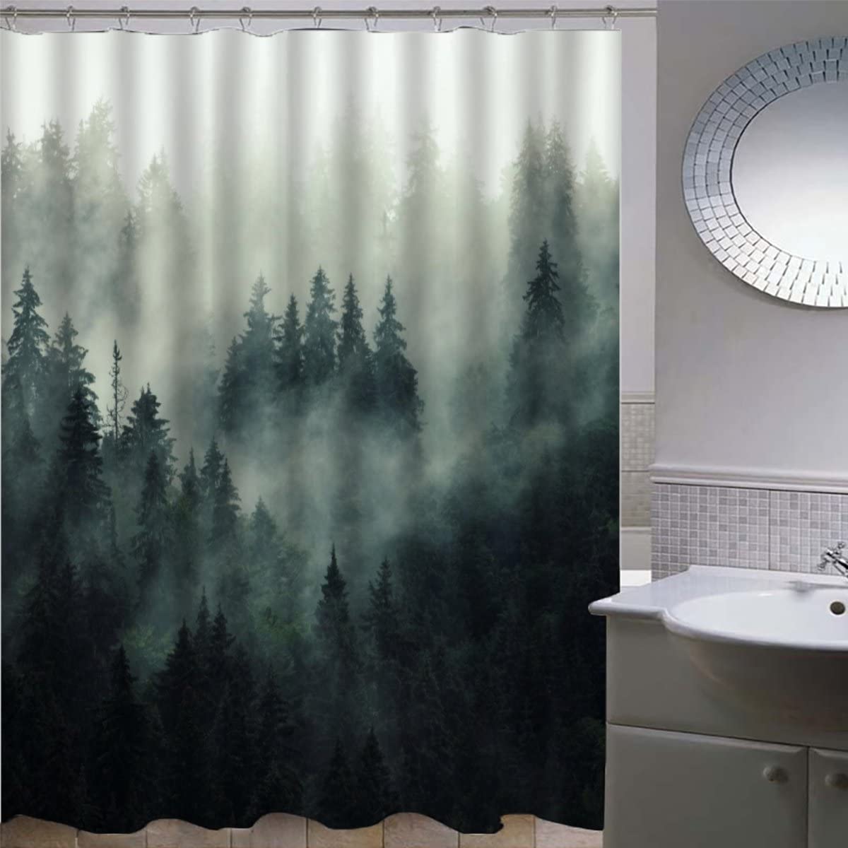 AASIRA shower curtain 240x200 Pine forest Anti-mold Waterproof Extra Long Shower Curtains with 12 Shower Curtain Rings Retro Forest 3D Design Bath Curtain for Bathtub Bathroom