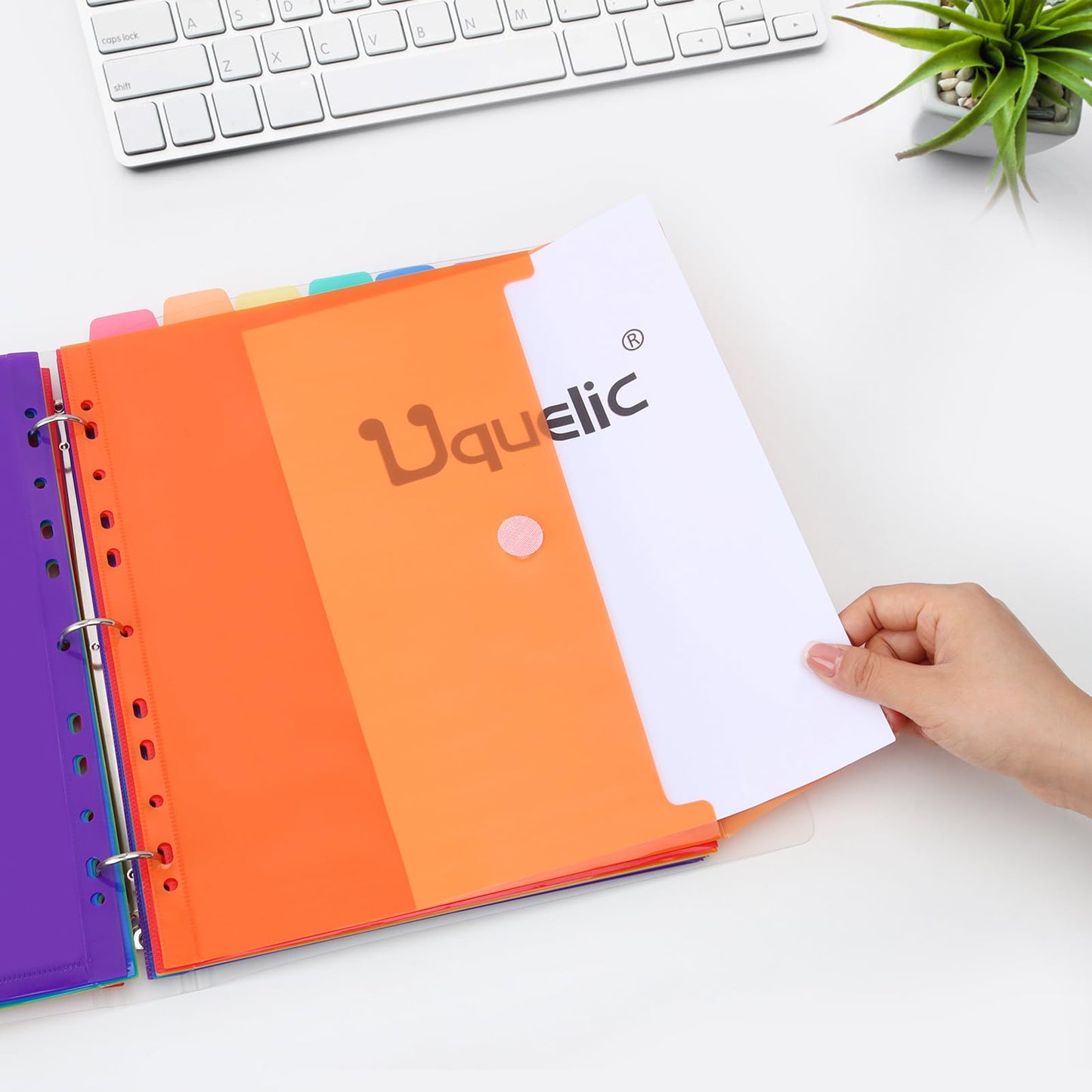 Uquelic A4 document folder for filing, A4 slim ring binder with 12 plastic document pockets (6 colors), Waterproof folder organizer - Transparent