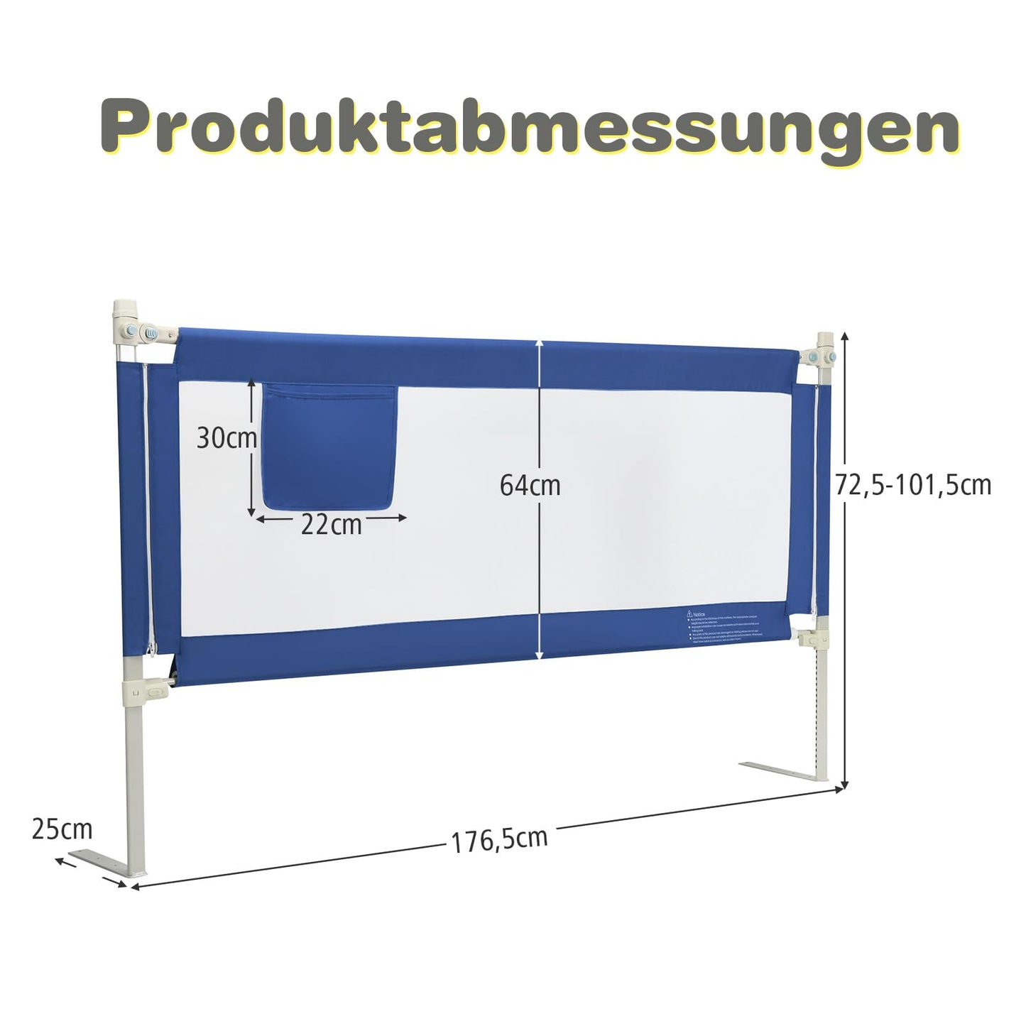 COSTWAY bed rail 175 cm, bed guardrail lockable with 24 adjustable heights & side pocket, fall protection bed & box spring bed for baby & toddlers (175cm, blue)
